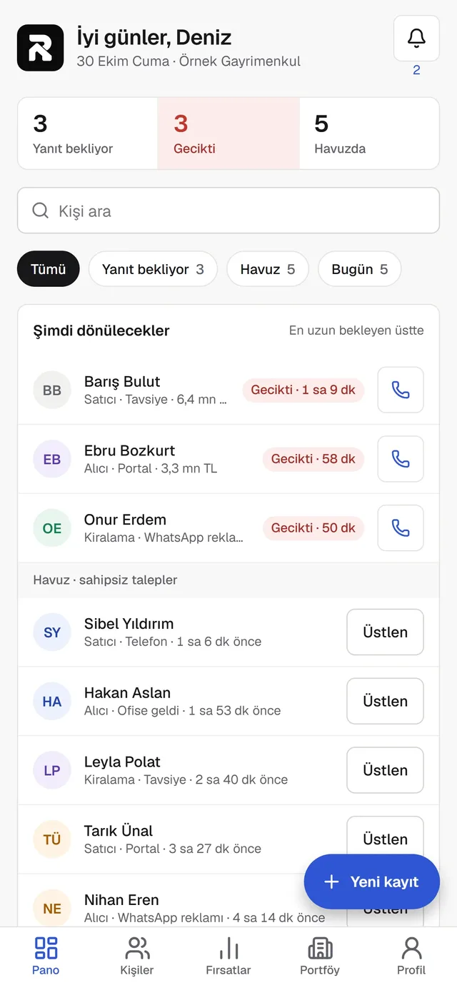Mobil pano: yanıt bekleyen, geciken ve havuzdaki müşteriler